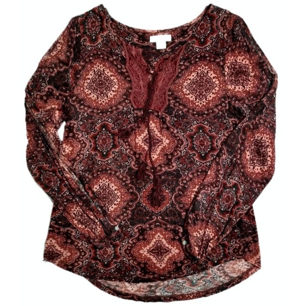 Lucky Brand Long Sleeve Peasant Blouse Womens Medium Tassel Tie Boho